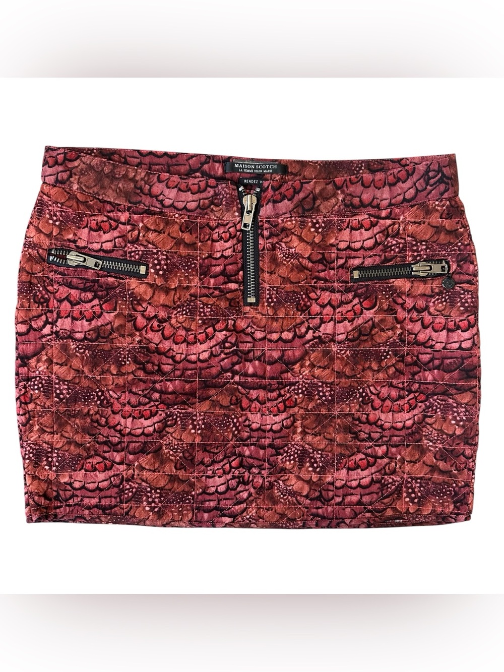 Maison Scotch Rendezvous Red Quilted Animal Abstract Mini Skirt Medium